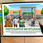 **

A community meeting about a new shopping center development, showing diverse residents discussing concerns about traffic and green space with city planners. Focus on the expressions of the people and the architectural plans in the background. Include the phrase "Participación Ciudadana" prominently displayed on a banner.

**