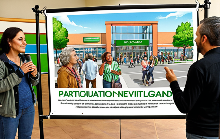 **

A community meeting about a new shopping center development, showing diverse residents discussing concerns about traffic and green space with city planners. Focus on the expressions of the people and the architectural plans in the background. Include the phrase "Participación Ciudadana" prominently displayed on a banner.

**
