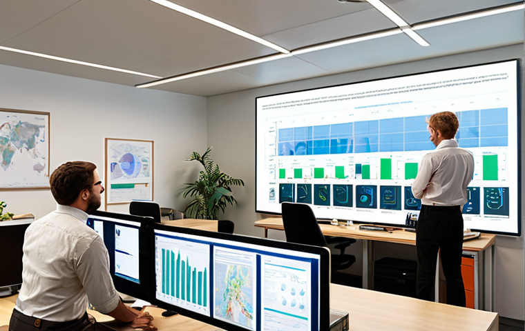 **
> Environmental professional in a modern office, analyzing data on a large screen displaying climate change models, surrounded by colleagues in a collaborative workspace, sustainable office design, natural light.
**