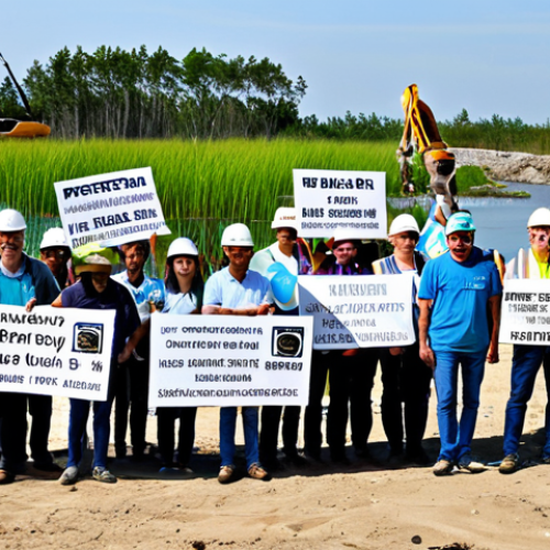 Home 17 **
A community protest against a large construction project near a wetland. The scene shows diverse people holding signs with environmental slogans. The background includes construction equipment and a partially built tourist complex. Focus on determined faces and the beauty of the natural wetland contrasted with the development. fully clothed, modest clothing, appropriate attire, safe for work, perfect anatomy, correct proportions, natural pose, professional photography, high quality, family-friendly.
**