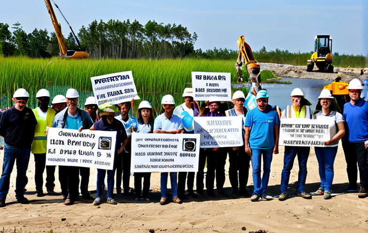 **

A community protest against a large construction project near a wetland. The scene shows diverse people holding signs with environmental slogans. The background includes construction equipment and a partially built tourist complex. Focus on determined faces and the beauty of the natural wetland contrasted with the development. fully clothed, modest clothing, appropriate attire, safe for work, perfect anatomy, correct proportions, natural pose, professional photography, high quality, family-friendly.

**