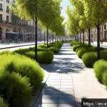 환경영향평가와 지속 가능성 계획 - A detailed urban planning scene in a modern Spanish city like Barcelona, showing sustainable develop...