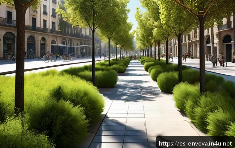 환경영향평가와 지속 가능성 계획 - A detailed urban planning scene in a modern Spanish city like Barcelona, showing sustainable develop...