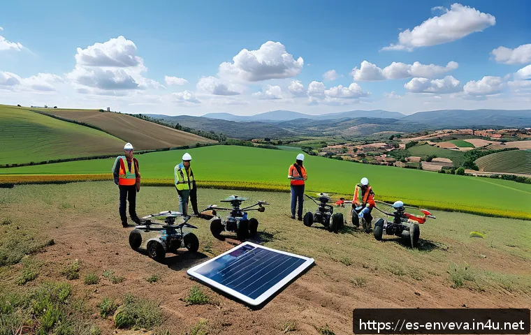 환경영향평가사의 하루 일과 - A detailed aerial view of an environmental assessment project in a rural Spanish landscape, showcasi...