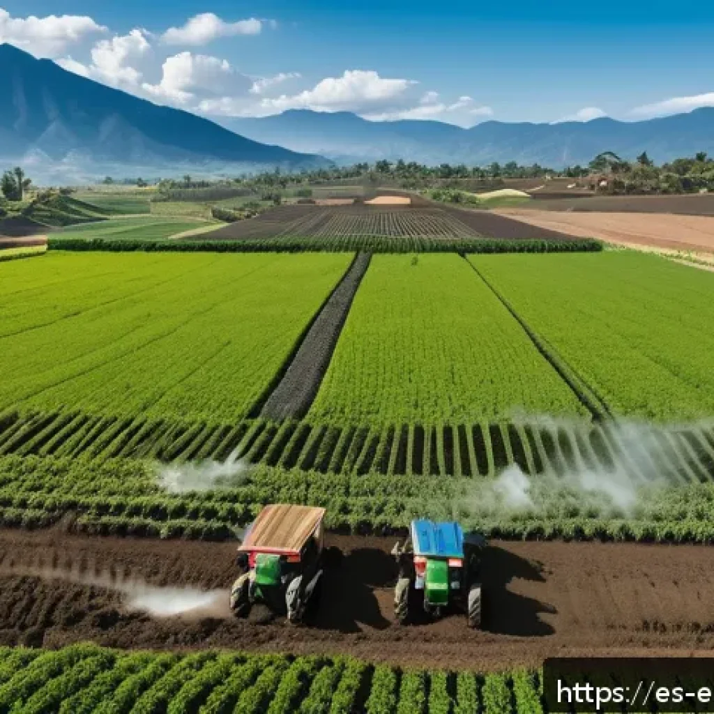환경영향평가와 토양오염 조사 - A detailed aerial view of a Latin American rural agricultural landscape showing a farmer wearing pro...