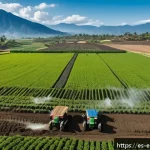 환경영향평가와 토양오염 조사 - A detailed aerial view of a Latin American rural agricultural landscape showing a farmer wearing pro...