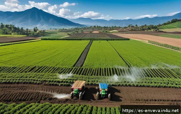 환경영향평가와 토양오염 조사 - A detailed aerial view of a Latin American rural agricultural landscape showing a farmer wearing pro...