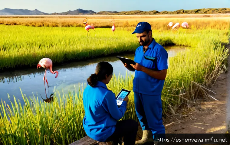 환경영향평가와 환경교육 - Photorealistic environmental impact assessment scene in coastal Spain, diverse team of adult ecologi...
